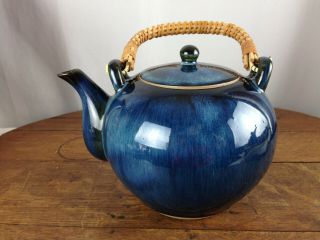 Vintage Ceramic Teapot Dark Blue With Wicker Handle Made In Japan Wh - 2