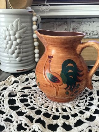 Pennsbury Pottery,  Clay Rooster Milk Pitcher,  Hand Painted.  Signed