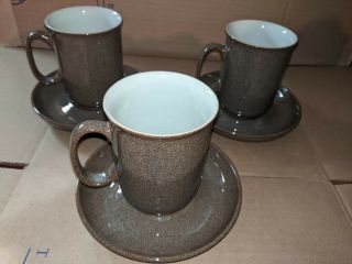 Set Of 3 Denby English Stoneware Greystone Coffee Mugs Cups And Saucers England