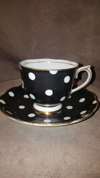 Royal Albert Black White Polka Dot Gold Trim Teacup And Saucer.  England