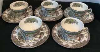 Set Of 5 Vintage Johnson Brothers Friendly Village Tea Cups & Saucers