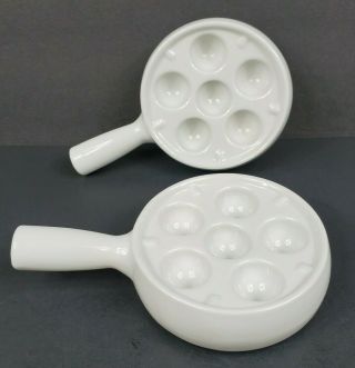 Set Of 2 Apilco France White Porcelain Escargot 6 Hole Handled Dishes Stackable
