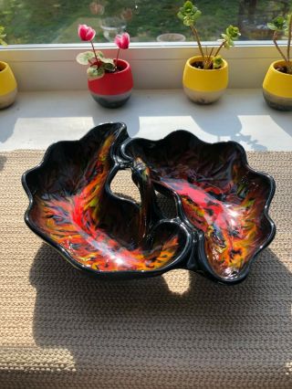 Vtg Mcm Calif Orig Usa Pottery Black Red Yellow Drip Glaze Divided Serving Bowl