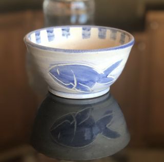 Studio Art Pottery Blue And White Fish Ceramic Stoneware Serving Dish Bowl Beach