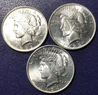 1922 1923 & 1924 P Peace Silver Dollar Uncirculated 90 Silver Coin