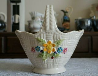 Vintage Belleek Porcelain Flowers Weave Handled Basket 13th Mark,  Ireland