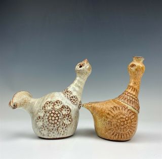 2 Signed Mystery Artist Hand Crafted Art Pottery Mid Century Bird Figurines 007 2