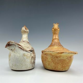 2 Signed Mystery Artist Hand Crafted Art Pottery Mid Century Bird Figurines 007 3