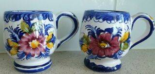 Vintage Pair (2) Hand Painted Mugs/coffee Cups: Blue Floral: Alcobaca Portugal