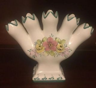 Vintage 5 Finger Tulip Bud Vase Made In Portugal Hand Painted Floral