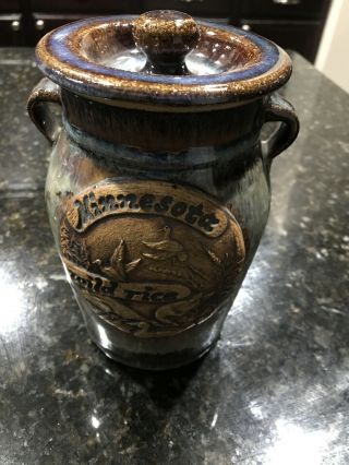 Minnesota Wild Rice Stoneware Pottery Crock Jar With Lid Duck Design Vtg