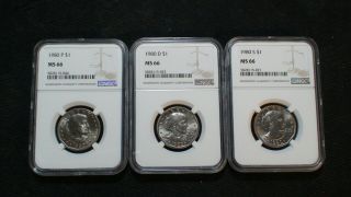Three 1980 P D & S Susan B Anthony Ngc Ms66 Gem Uncirculated Three $1 Coins