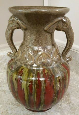 Vtg Double Handle Elephant Drip Glazed Studio Pottery Art Decor Vase