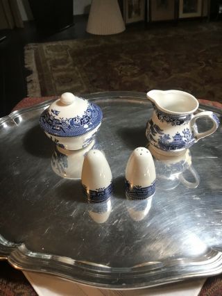 Churchill " Blue Willow " Romania Creamer & Sugar Bowl W/lid Salt & Pepper