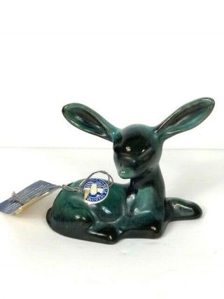 Vintage Blue Mountain Fawn Ceramic Glazed Green Bambi Deer Pottery Tag