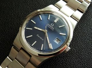 Vintage 1972 Men Omega Geneve Automatic Date Blue Serviced Very
