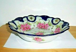 Vintage " Hand - Painted Nippon - Cobalt/ Gold Accent Pink Floral - Bowl "