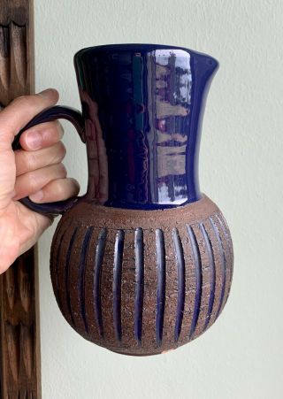 Mid Century Vintage Studio Cobalt Dark Blue Brown Clay Pottery Pitcher Milk Jug