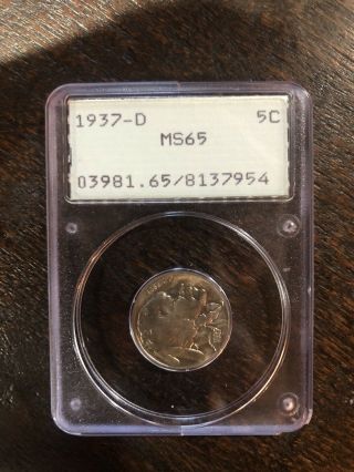 1937 - D Indian Head Buffalo Nickel 5c Pcgs Ms 65 Old Green Holder Rattler
