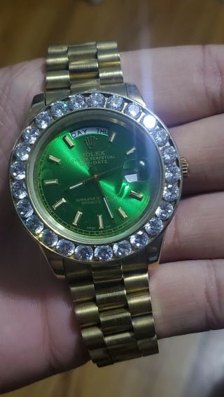 Rolex Day - Date Mens 18k Green Gold Watch Black Diamond Dial 1ct Bezel