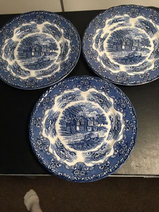 3 - W.  H.  Grindley English Country Inns Blue & White Dinner Plates 10 Inch
