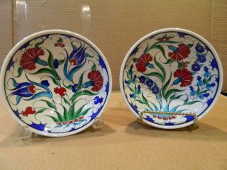2 Turkish Iznik Tile Ceramic Bowls Handmade - Tulip Garden Bright Colors (c)