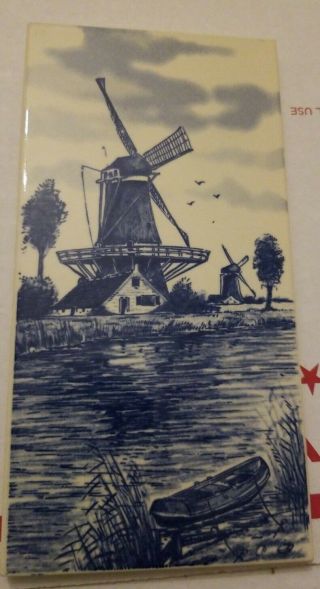 Vtg Delft Holland Tile Hand Painted Blue Dutch Windmill 8 X 4
