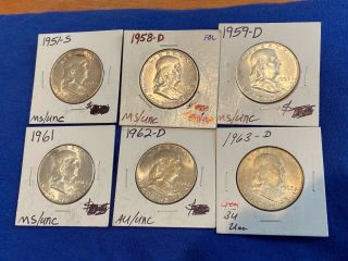 1951 S 1958 D 1959 D 1961 1962 D 1963 D Franklin Silver Half Dollar Ms Bu 6 Coin