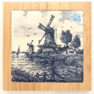 Vtg Bosman Dutch Delft Blauw Blue Handpainted Windmill Tile Holland Wall Trivet