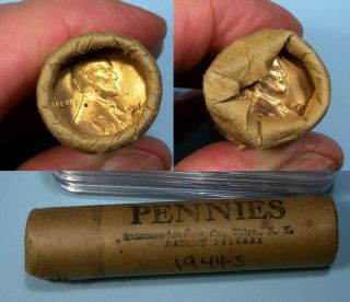 1944 - S Wheat Cent Obw Roll Sharp Flashy Red End Coins Inv Rolls 9 - 39