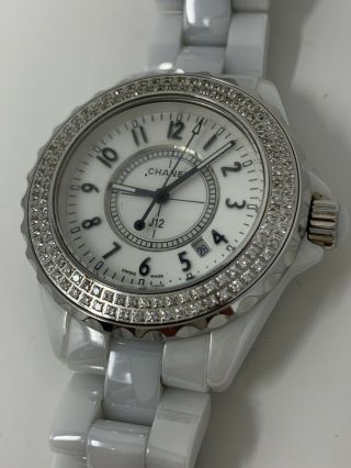 Chanel J12 White Ceramic Sapphire Crystal Diamond Bezel Watch.