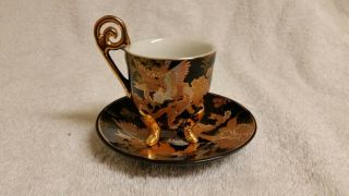 BLACK & GOLD DEMITASSE CUP AND SAUCER WITH PHOENIX BIRD 2