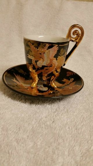 BLACK & GOLD DEMITASSE CUP AND SAUCER WITH PHOENIX BIRD 3