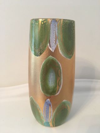 Sascha Brastoff Mid Century Modern Gold Vase With Greens And Blues Signed V - 4