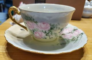 T&v Limoges France Handpainted Cream Soup Cup And Saucer Flowers Gold Signed