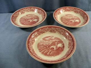 Set Of 3 Homer Laughlin Red Currier & Ives Soup Bowls - Fox Hunting Full Cry