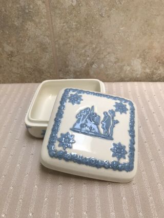 Wedgwood Embossed Queensware Blue On White Square Trinket Box