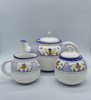 5 Piece Set Handpainted 1 Qt (4 Cup) Tea Pot Creamer & Sugar Portugal Signed