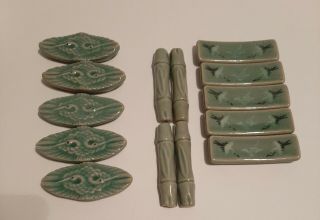 Hand - Crafted Ceramic Chopstick Rests Made in Korea Korean Celadon Cranes Clouds 2