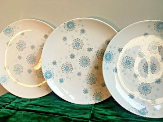 Set Of 3 Royal China 10” Dinner Plates Blue Ice Mid Century Pattern