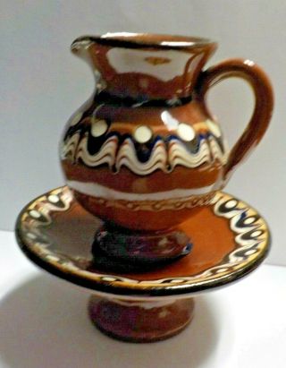 Bulgarian Troyan Feather Redware Folk Art Pottery Miniature Pitcher & Bowl Set