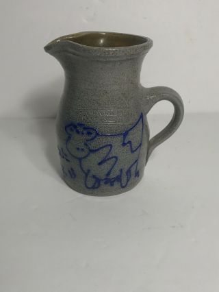 Vtg Salmon Falls Stoneware Small Pitcher Grey W/hand Painted Blue Cow Creamer