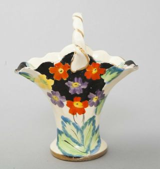 Art Deco Arthur Woods Porcelain Flower Vase w/ Frog Hand Painted Basket England 2