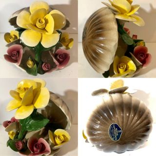 Nuova Capodimonte Porcellane Flowers In Shell Made In Italy 6” X 6”