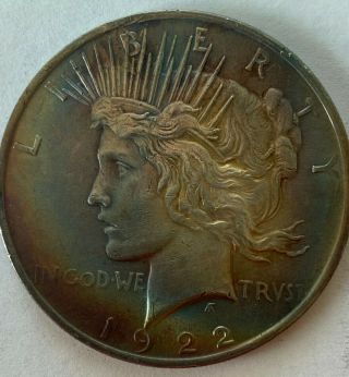 1922 Silver Peace Dollar $1 - Rainbow Toned