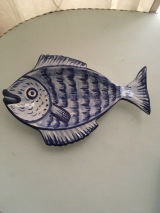 Portugal Art Signed Pottery Fish Platter Blue White
