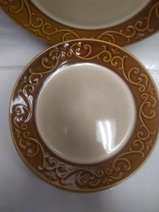 7 Better Homes and Garden EMBOSSED SCROLL Brown Rim Stoneware Salad Plates 2
