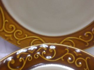 7 Better Homes and Garden EMBOSSED SCROLL Brown Rim Stoneware Salad Plates 3
