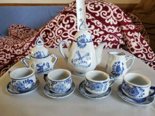 11 Piece Miniature Tea Set,  Blue Delft Windmills And Flowers
