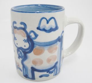 M A Hadley Pottery Country Scene Blue Cow Small Mug Childs 3.  25 " Signed Scarce